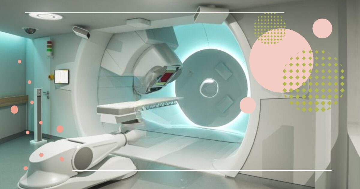 A modern medical imaging or radiation therapy machine in a brightly lit, high-tech room. The machine has a sleek white design with a robotic arm and a large circular opening. The image includes abstract decorative elements such as pink and green circles and dotted patterns.