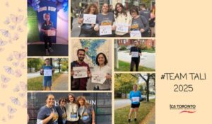 Collage of people participating in a running event, holding signs and smiling. The background includes outdoor paths and event backdrops. Text on the right reads ‘#TEAM TALI 2025’ with the TCS Toronto Waterfront Marathon logo.