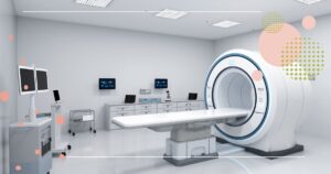 Modern hospital imaging room with a large MRI scanner, patient table, and surrounding medical monitors and equipment in a clean, bright environment.