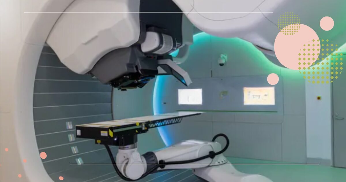 Robotic medical equipment inside a modern treatment room with glowing accent lighting.